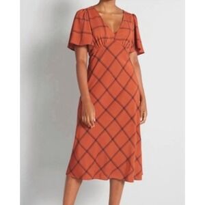 ModCloth‎ Orange Plaid Flutter Sleeve V Neck Midi Dress Womens M